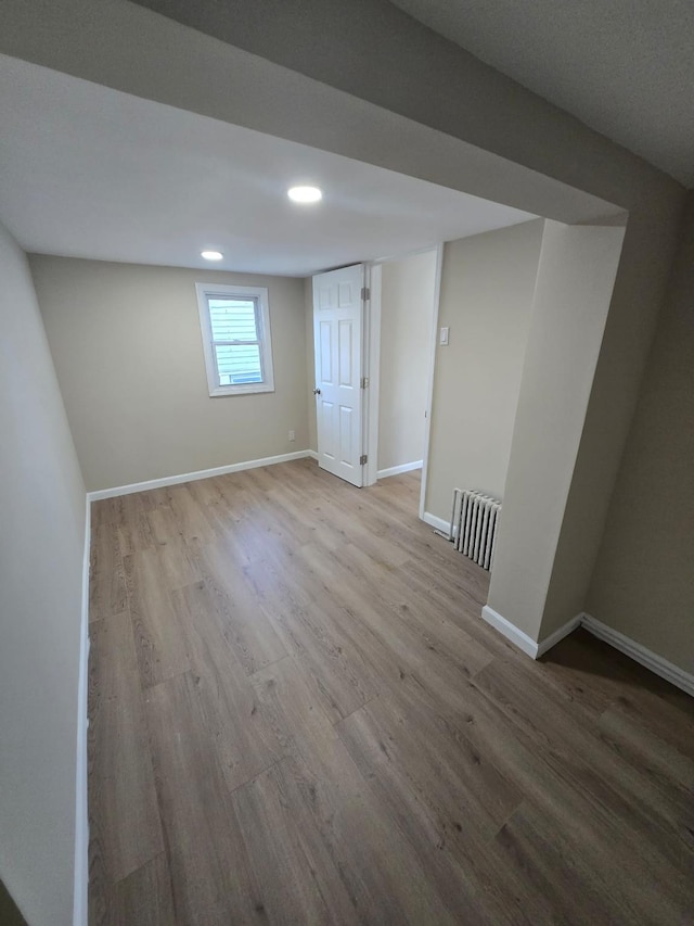 basement with light hardwood / wood-style floors