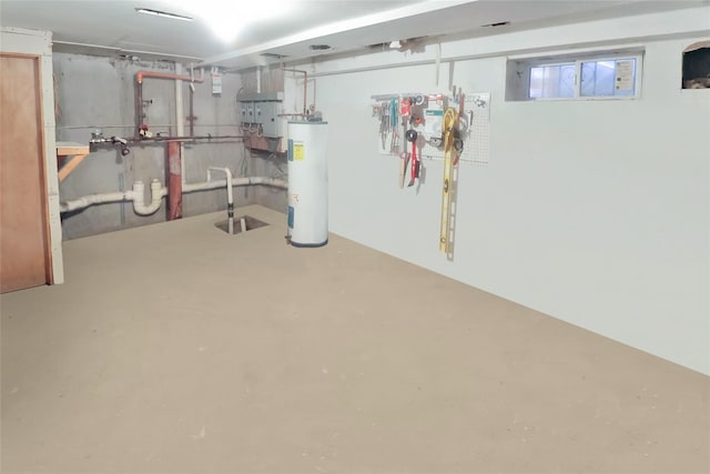 basement featuring electric water heater