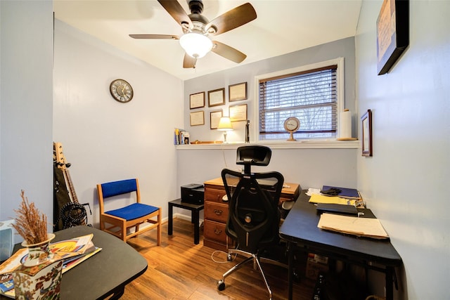 home office with ceiling fan and wood-type flooring