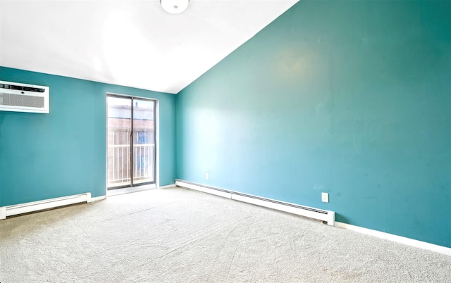 empty room featuring carpet, lofted ceiling, a wall unit AC, and a baseboard heating unit