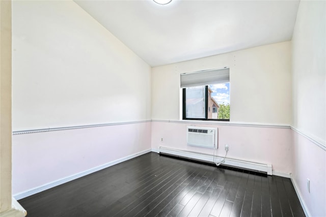 empty room featuring baseboard heating, a wall mounted AC, lofted ceiling, and dark hardwood / wood-style floors