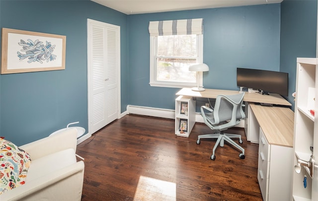 home office with dark wood-style floors, a baseboard radiator, and baseboards