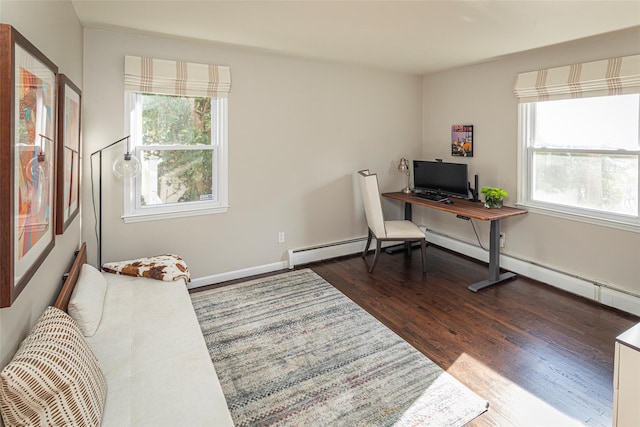 office featuring dark wood-type flooring and baseboards