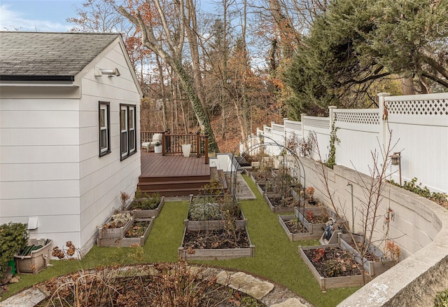 view of yard featuring fence private yard, a vegetable garden, and a wooden deck