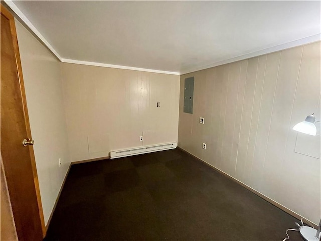 unfurnished room featuring baseboard heating, electric panel, and crown molding