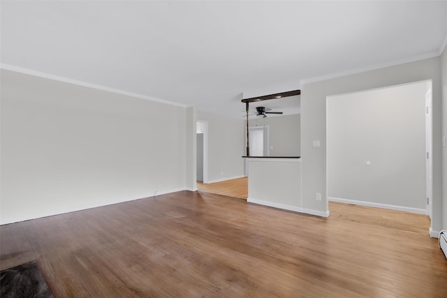 unfurnished living room with ceiling fan, light hardwood / wood-style flooring, and crown molding