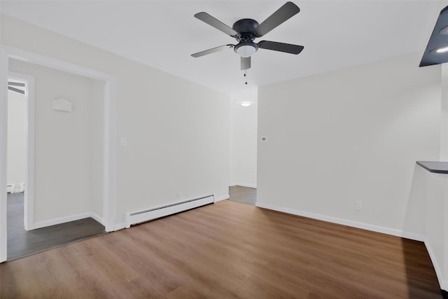 empty room featuring ceiling fan, hardwood / wood-style floors, and a baseboard heating unit