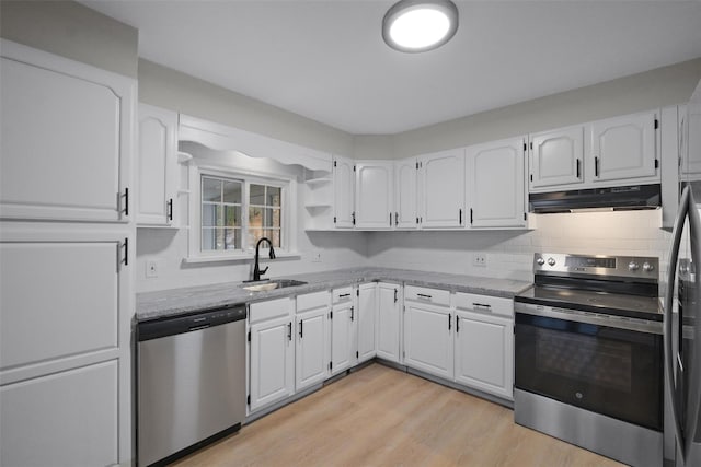 kitchen with sink, white cabinets, stainless steel appliances, and light hardwood / wood-style flooring