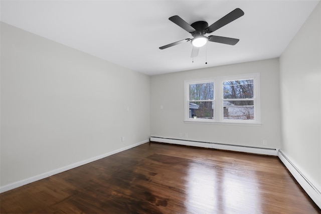 empty room featuring ceiling fan, dark wood-type flooring, and a baseboard heating unit