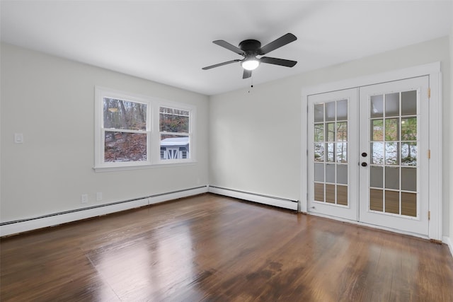 empty room featuring french doors, dark hardwood / wood-style floors, ceiling fan, and a baseboard heating unit