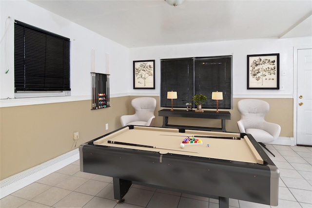 rec room with light tile patterned floors, a baseboard heating unit, and billiards