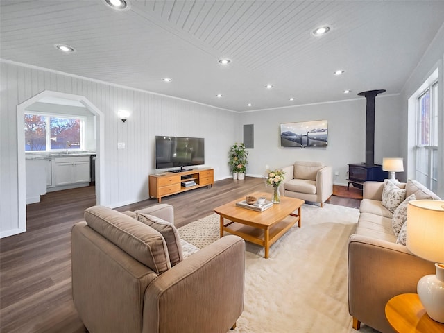 living room with wood walls, a wood stove, electric panel, and light hardwood / wood-style flooring