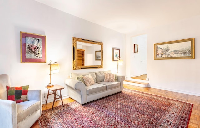 living room with parquet flooring