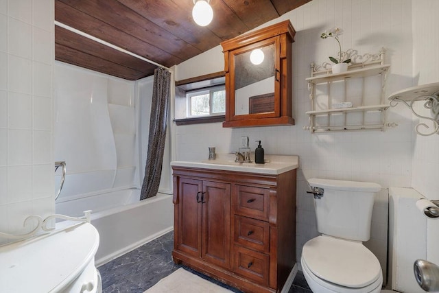 full bathroom with vanity, shower / bath combo with shower curtain, wooden ceiling, toilet, and lofted ceiling