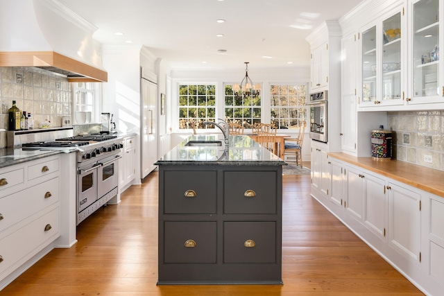 kitchen featuring white cabinetry, custom exhaust hood, and stainless steel appliances