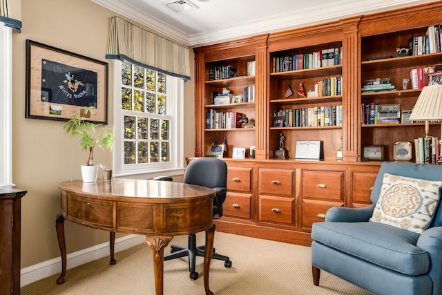 office area with baseboards, ornamental molding, visible vents, and light colored carpet