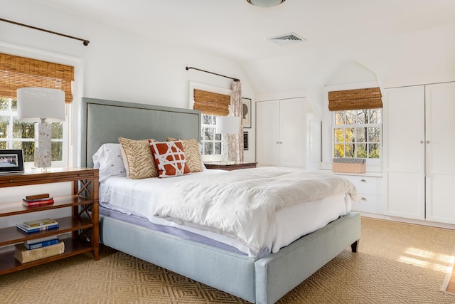 bedroom with vaulted ceiling and two closets