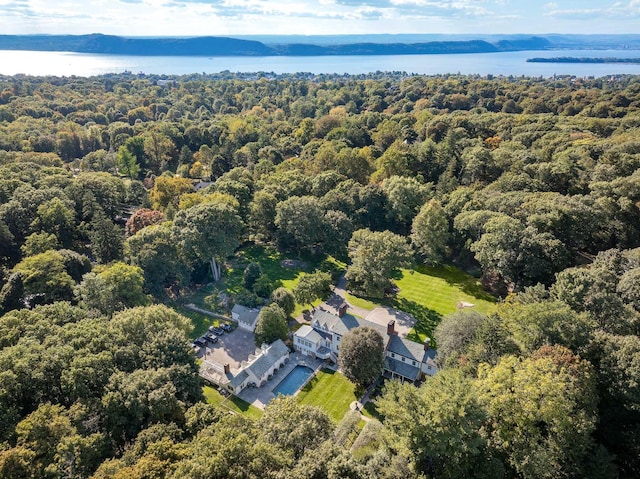 aerial view featuring a water view and a wooded view