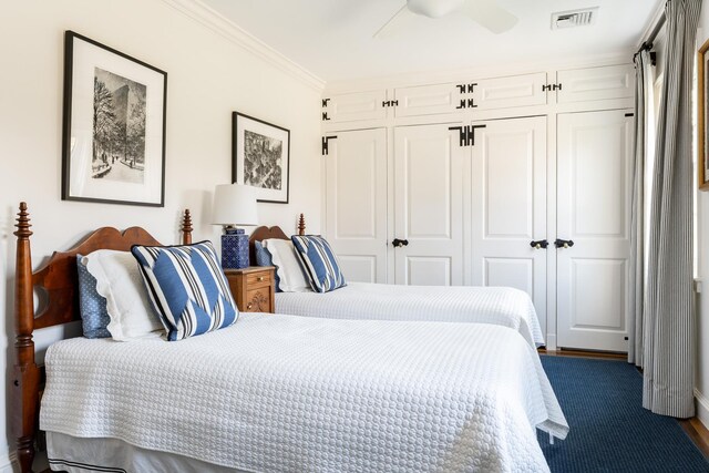 177 Old Briarcliff Rd, Briarcliff Manor, NY 10510 - bedroom featuring a ceiling fan, visible vents, ornamental molding, and a closet