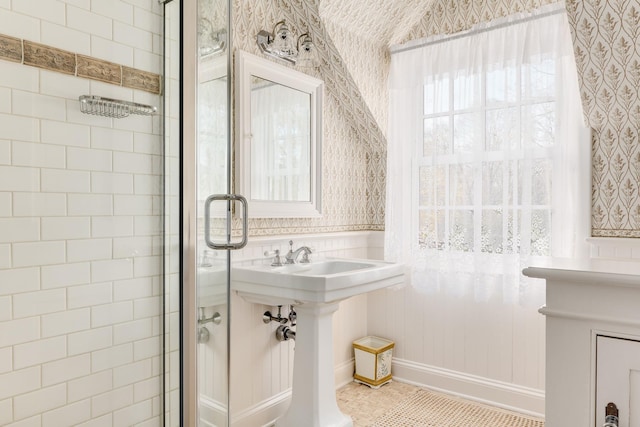 177 Old Briarcliff Rd, Briarcliff Manor, NY 10510 - bathroom with wallpapered walls, baseboards, tile patterned flooring, and a stall shower