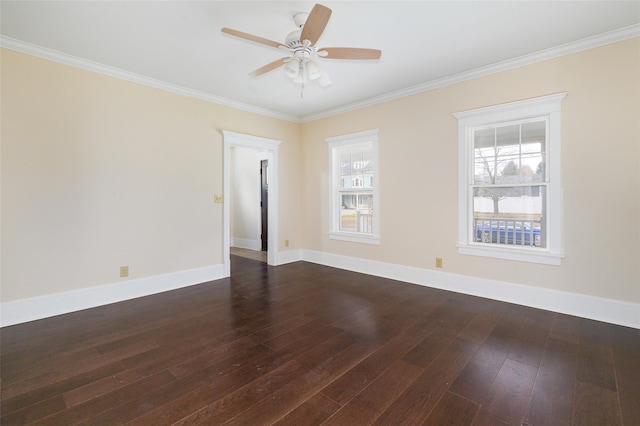 unfurnished room with dark hardwood / wood-style flooring, ceiling fan, and ornamental molding