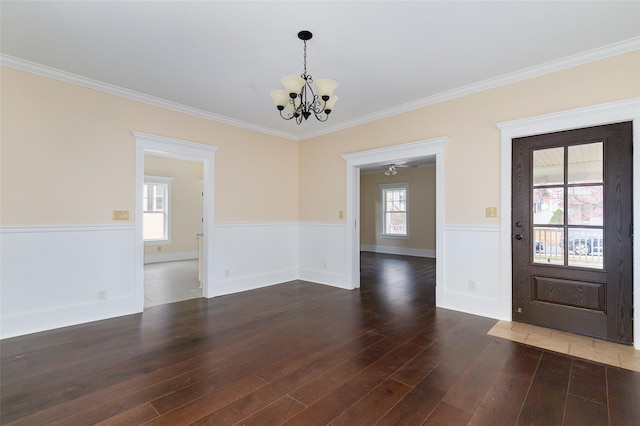 foyer featuring crown molding, a healthy amount of sunlight, and dark hardwood / wood-style floors