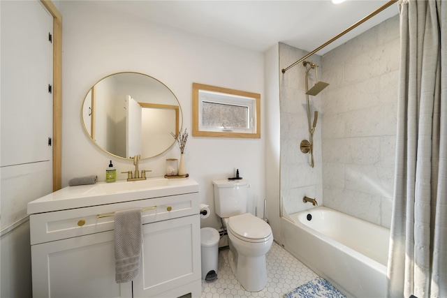 full bathroom featuring vanity, tile patterned flooring, shower / bathtub combination with curtain, and toilet