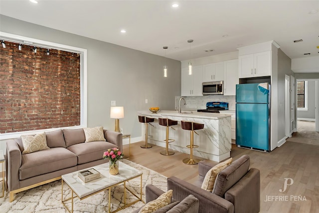 living room featuring sink and light wood-type flooring