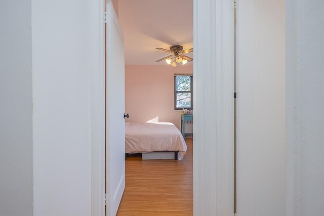 bedroom featuring ceiling fan and light hardwood / wood-style flooring