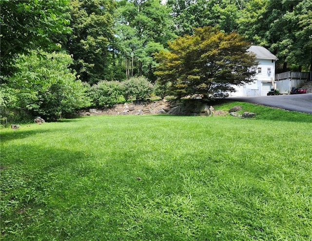 view of yard with a garage