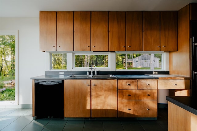 kitchen featuring sink, dark tile patterned floors, and black dishwasher