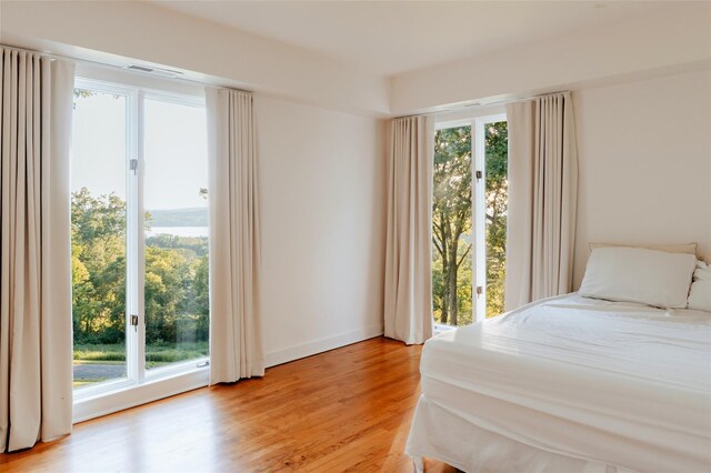 unfurnished bedroom featuring multiple windows and light hardwood / wood-style floors