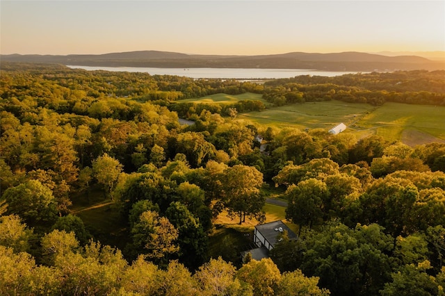 aerial view at dusk featuring a water and mountain view