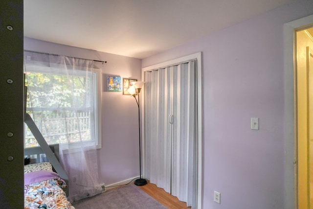 bedroom with multiple windows and hardwood / wood-style flooring