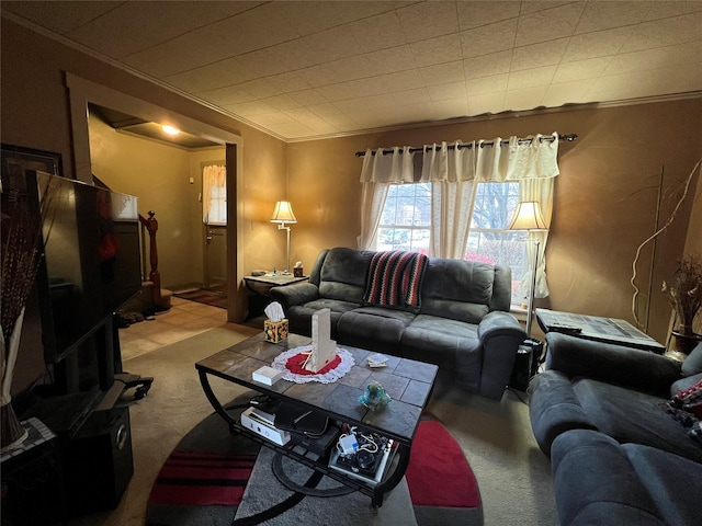 carpeted living room with crown molding