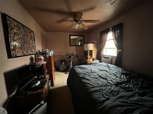 carpeted bedroom with ceiling fan and cooling unit