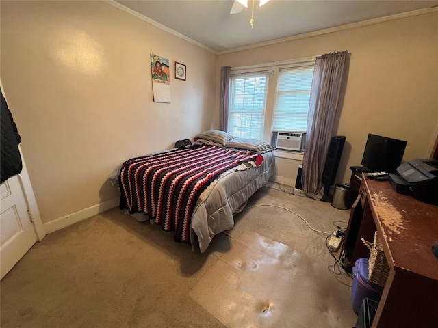 bedroom with ceiling fan, cooling unit, light carpet, and ornamental molding