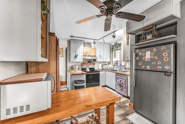 kitchen with track lighting, stainless steel appliances, ceiling fan, sink, and white cabinets