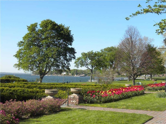 view of property's community featuring a yard and a water view