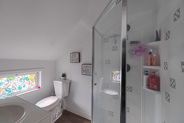 bathroom with wood-type flooring, lofted ceiling, toilet, a shower with door, and vanity