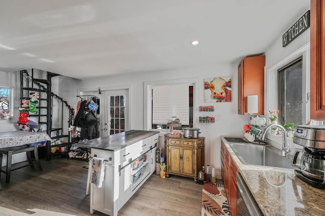 kitchen with sink, hardwood / wood-style floors, and french doors