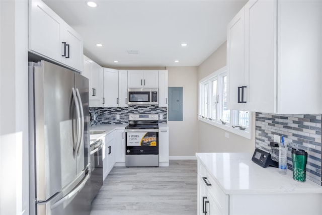 kitchen featuring decorative backsplash, white cabinetry, stainless steel appliances, and light hardwood / wood-style floors