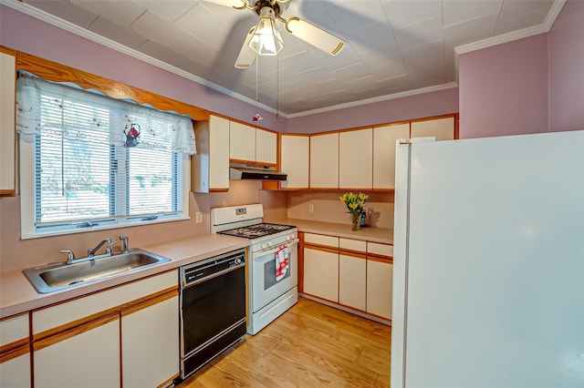 kitchen with white cabinetry, sink, crown molding, white appliances, and light wood-type flooring