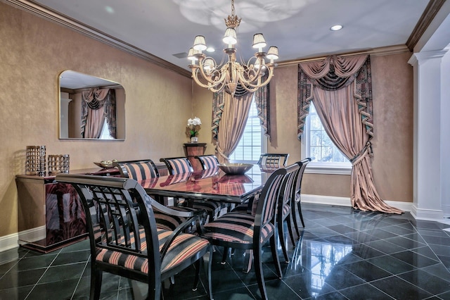 dining space featuring crown molding and a chandelier