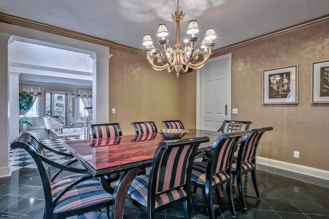 tiled dining area with crown molding, a notable chandelier, and ornate columns