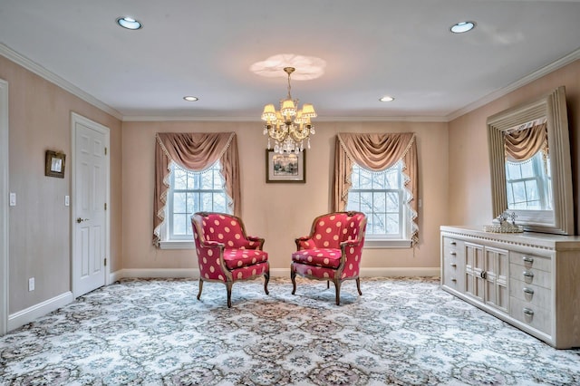 living area with a wealth of natural light, light colored carpet, and a chandelier