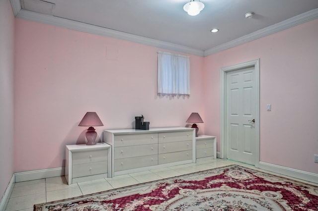 tiled bedroom featuring ornamental molding