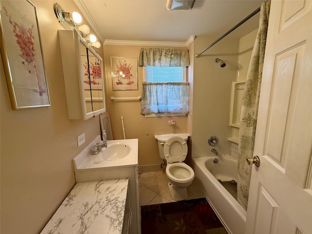 full bathroom with shower / bathtub combination, vanity, crown molding, tile patterned flooring, and toilet