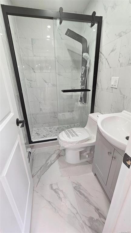 bathroom featuring walk in shower, vanity, and toilet