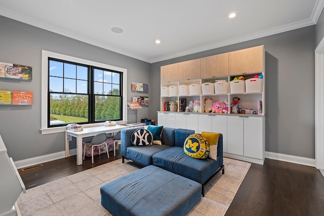 interior space featuring ornamental molding and light wood-type flooring